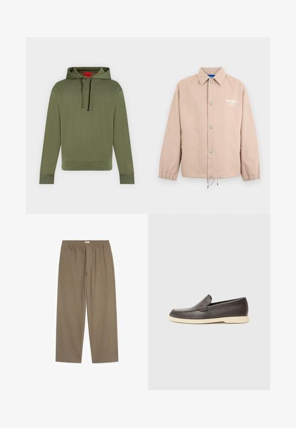 Veste beige à boutons avec col, poignets élastiques, cordon de serrage à l'ourlet et logo blanc "HUGO" sur le côté gauche de la poitrine.; Sweat à capuche vert olive avec cordons, manches longues, poignets et ourlet côtelés, et une étiquette rouge visible à l'intérieur du col avec la marque "HUGO".; Pantalon droit marron clair à taille élastique avec poches latérales, conçu pour une tenue décontractée ou professionnelle.; Chaussures à enfiler en cuir marron avec une surface texturée et une semelle beige clair contrastante, présentant un bout arrondi et de minimalistes détails de couture.