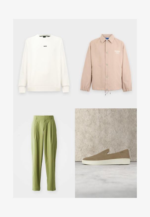 Beige jassen met knopen, kraag, elastische manchetten, trekkoordzoom en witte "HUGO"-logo op de linkerborst.; Witte sweatshirt met een ronde hals, lange mouwen, ribbelboorden en -zoom. Voorzien van een klein zwart 'BOSS' logo op de borst. Glad textuur.; Lichtgroene broek van een gestructureerde stof, met een rechte pasvorm, plooien aan de voorkant en een standaard tailleband.; Beige instapper met witte zool, zwevend in de lucht boven een licht tapijt met amberkleurig transparant meubilair op de achtergrond.