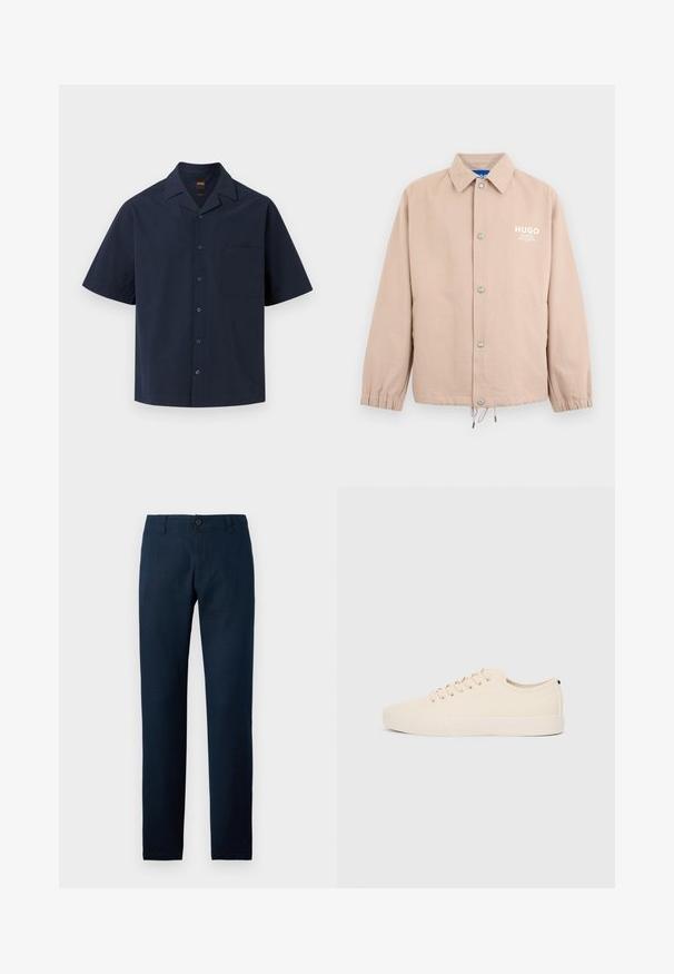 Veste beige à boutons avec col, poignets élastiques, cordon de serrage à l'ourlet et logo blanc "HUGO" sur le côté gauche de la poitrine.; Chemise bleu marine foncé à manches courtes avec boutons, col pointu et poche poitrine sur un fond clair uni.; Pantalon droit bleu marine avec passants pour ceinture, fermeture à boutons et braguette zippée sur un fond clair uni.; Baskets en toile beige avec bout arrondi, semelle en caoutchouc plate et lacets à l'avant. Présente un design minimaliste et un accent noir contrastant au niveau du talon.