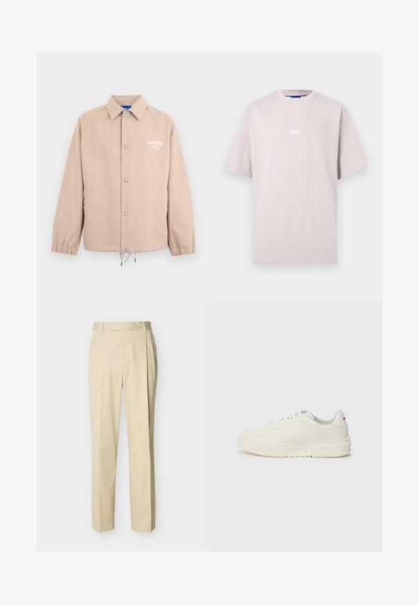Beige jakke med knapper, krave, elastiske ærmekanter, snøre i kanten og hvidt "HUGO"-logo på venstre bryst.; Lys beige oversized T-shirt med korte ærmer og et lille centralt "HUGO" logo på brystet mod en ensfarvet baggrund.; Beige bukser med lige ben, bæltestropper og forreste læg på en ensartet lys baggrund.; Hvide sneakers med en glat læderoverdel, rund tå, flade snørebånd og en struktureret gummisål. Der er en rød detalje på hælen.