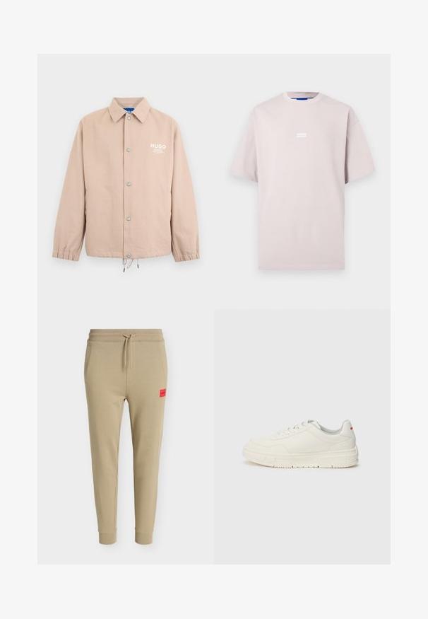 Beige jassen met knopen, kraag, elastische manchetten, trekkoordzoom en witte "HUGO"-logo op de linkerborst.; Lichtbeige oversized T-shirt met korte mouwen en een klein, gecentreerd "HUGO"-logo op de borst tegen een effen achtergrond.; Beige taps toelopende sweatpants met elastische tailleband, trekkoord, zijzakken, geribbelde boorden en een klein rood Hugo-logo patch op het linker bovenbeen.; Witte sneakers met een glad leren bovenwerk, ronde neus, platte veters en een gestructureerde rubberen zool. Een rode accent op de hiel.