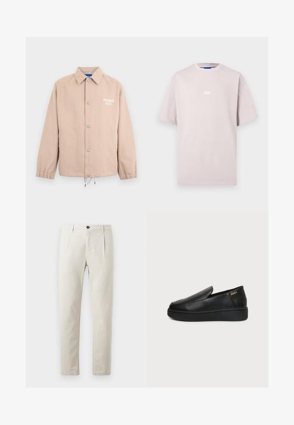 Beige Jacke mit Knöpfen, Kragen, elastischen Bündchen, Kordelzug am Saum und weißem "HUGO"-Logo auf der linken Brust.; Hellbeiges, übergroßes T-Shirt mit kurzen Ärmeln und einem kleinen, mittig auf der Brust platzierten "HUGO"-Logo vor einfarbigem Hintergrund.; Beige Baumwollhosen mit geradem Bein, ausgestattet mit einem einzelnen schwarzen Knopfverschluss und zwei Vorderaschen. Glatte Textur.; Schwarzer Lederschlupfschuh mit dicker Sohle und kleinen seitlichen Belüftungslöchern, mit goldenem "HUGO"-Logo nahe der Ferse.