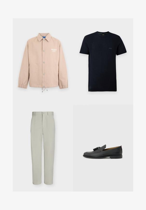 Veste beige à boutons avec col, poignets élastiques, cordon de serrage à l'ourlet et logo blanc "HUGO" sur le côté gauche de la poitrine.; T-shirt noir à manches courtes et col rond avec une texture subtile et un petit logo "BOSS" sur le côté gauche de la poitrine.; Pantalon beige clair à jambe droite, fermeture à bouton, passants de ceinture et plis sur le devant, présenté sur un fond blanc uni.; Mocassin pour homme en cuir noir avec pompons, bout arrondi, petit talon et languette à l'arrière, présenté de profil sur un fond gris clair.