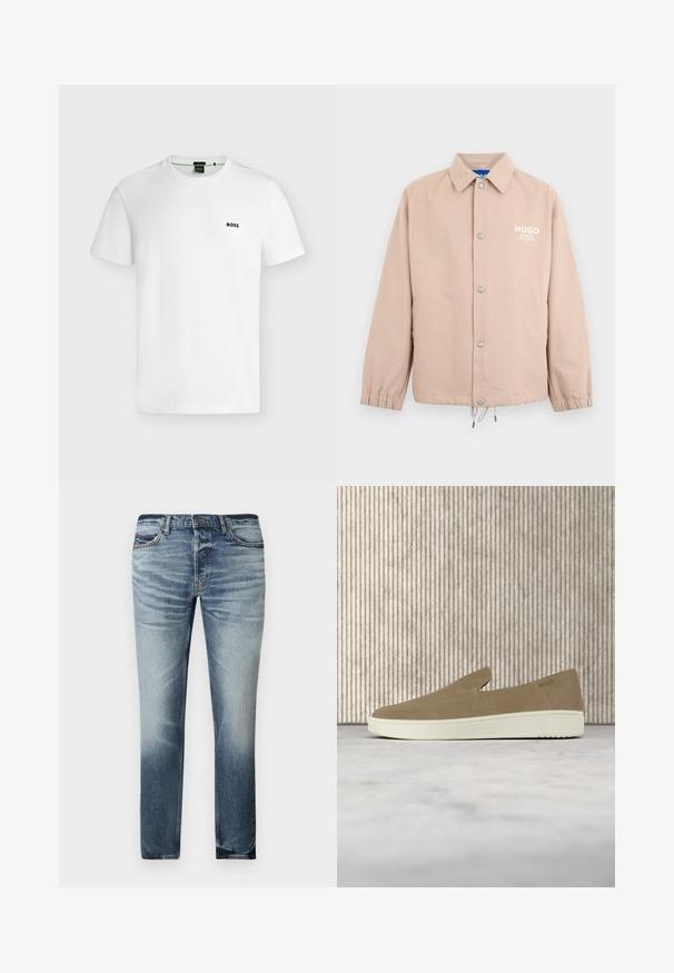 Beige jakke med knapper, krave, elastiske ærmekanter, snøre i kanten og hvidt "HUGO"-logo på venstre bryst.; En ensfarvet hvid T-shirt med korte ærmer og et lille sort "BOSS"-logo på venstre bryst, vist på en lys baggrund.; Lyseblå denimjeans med lige snit, let falmning og whiskering-effekter, fem lommer og en sikker knaplukning.; Beige slip-on sko med hvid sål, vist i luften over et lyst tæppe med ravfarvet gennemsigtigt møblement i baggrunden.