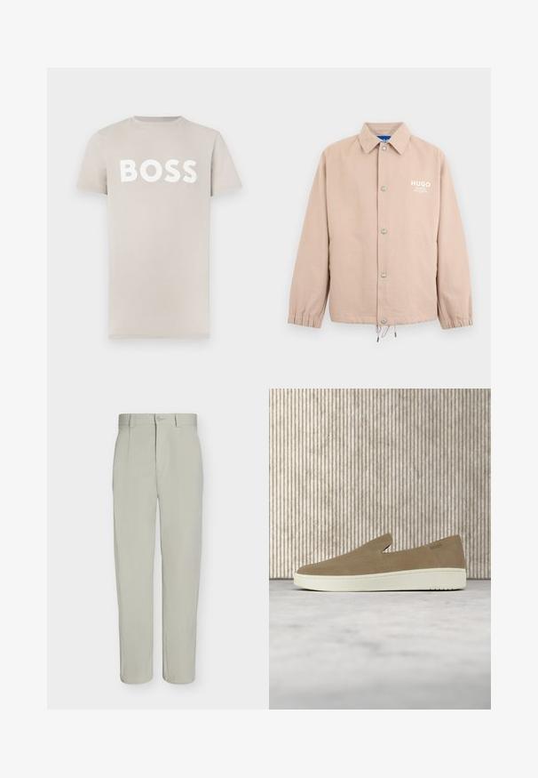 Veste beige à boutons avec col, poignets élastiques, cordon de serrage à l'ourlet et logo blanc "HUGO" sur le côté gauche de la poitrine.; T-shirt en coton beige clair à manches courtes et col rond. Présente un lettrage blanc audacieux "BOSS" sur la poitrine. Texture lisse.; Pantalon beige clair à jambe droite, fermeture à bouton, passants de ceinture et plis sur le devant, présenté sur un fond blanc uni.; Chaussure beige sans lacets avec semelle blanche, présentée en suspension sur un tapis clair avec un mobilier transparent de couleur ambre en arrière-plan.