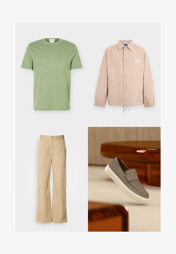 Veste beige à boutons avec col, poignets élastiques, cordon de serrage à l'ourlet et logo blanc "HUGO" sur le côté gauche de la poitrine.; T-shirt en coton vert clair à manches courtes, col rond et petit logo brodé sur la poitrine gauche.; Pantalon large beige en mélange coton. Fermeture par bouton et passants de ceinture. Texture lisse, avec des détails de couture minimaux.; Chaussure gris en daim à enfiler avec semelle blanche suspendue au-dessus d'un tapis beige, avec un meuble orange translucide en arrière-plan.