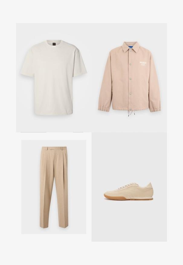 Beige Jacke mit Knöpfen, Kragen, elastischen Bündchen, Kordelzug am Saum und weißem "HUGO"-Logo auf der linken Brust.; Kurzärmliges T-Shirt mit Rundhalsausschnitt aus Baumwolle in Off-White, mit geradem Schnitt und minimalem Branding am Kragen. Weiche Textur, keine Muster.; Beige maßgeschneiderte Hosen mit vorderen Falten, Gürtelschlaufen und geraden Beinen, vor einem schlichten hellen Hintergrund präsentiert.; Beige Wildledersneaker mit einem schlanken Design, einer strukturierten Oberseite, abgerundetem Fuß und einer Gummisohle mit Zickzackmuster.