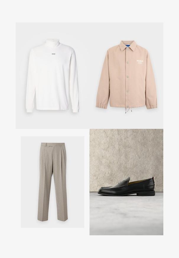 Beige jakke med knapper, krave, elastiske ærmekanter, snøre i kanten og hvidt "HUGO"-logo på venstre bryst.; Hvid langærmet turtleneck trøje lavet af blødt stof, med et diskret sort "HUGO" logo på forsiden og tætsiddende manchetter.; Beige og brune ternede bukser med lige ben, plisseringer, bæltestropper og en skræddersyet pasform mod en ensartet hvid baggrund.; Sort læder herreloafer med krokodillepræget forstykke og lav hæl, vist i profil på en neutral baggrund.