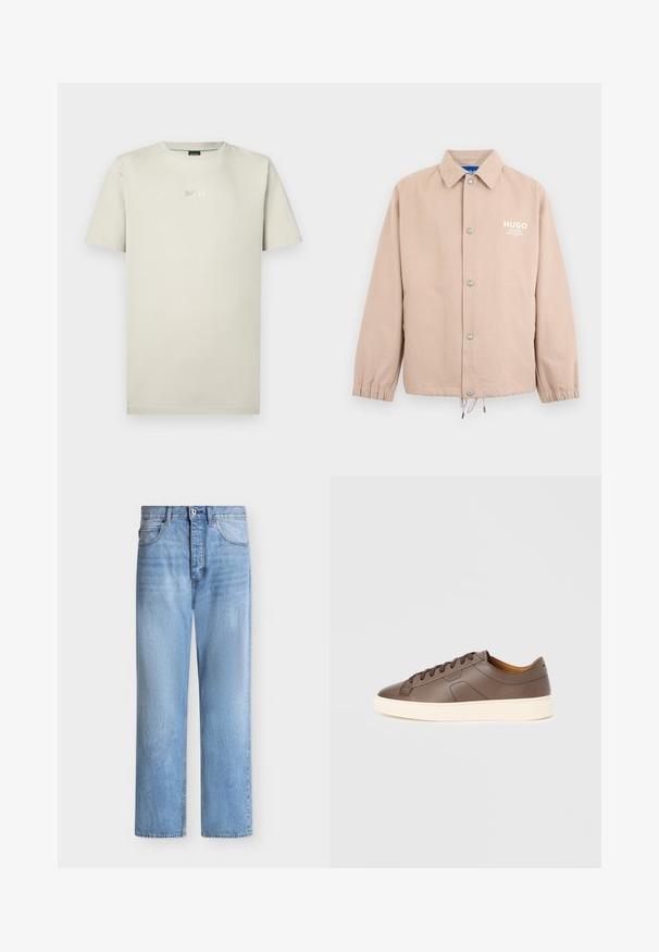 Veste beige à boutons avec col, poignets élastiques, cordon de serrage à l'ourlet et logo blanc "HUGO" sur le côté gauche de la poitrine.; T-shirt en coton beige avec col rond et manches courtes. Présente un logo "BOSS" argenté discret sur la poitrine. Texture lisse.; Jean droit en denim bleu clair avec fermeture par bouton et zip, poches avant et arrière, et passants de ceinture à la taille.; Baskets en cuir marron à texture lisse, semelle extérieure crème contrastante, bout arrondi et lacets marron foncé ; présente un logo discrètement embossé.