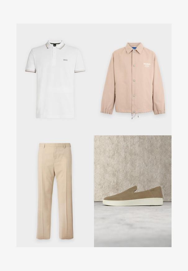Veste beige à boutons avec col, poignets élastiques, cordon de serrage à l'ourlet et logo blanc "HUGO" sur le côté gauche de la poitrine.; Polo blanc à manches courtes avec col et manches bordés de beige, patte de boutonnage à trois boutons, et petit logo « BOSS » sur la poitrine.; Pantalon beige sur mesure avec passants pour ceinture, pli devant et fermeture éclair dissimulée, présenté sur un fond uni.; Chaussure beige sans lacets avec semelle blanche, présentée en suspension sur un tapis clair avec un mobilier transparent de couleur ambre en arrière-plan.