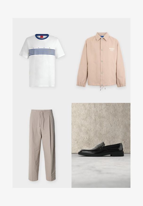 Veste beige à boutons avec col, poignets élastiques, cordon de serrage à l'ourlet et logo blanc "HUGO" sur le côté gauche de la poitrine.; T-shirt blanc à manches courtes avec col rond bleu, rayures horizontales bleues sur la poitrine et texte "HUGO" au-dessus des rayures.; Pantalon beige texturé à cordon de serrage, jambes droites et taille élastique, présenté sur un fond blanc.; Mocassin en cuir noir poli flottant au-dessus d'un tapis beige avec un mobilier translucide orange en arrière-plan.