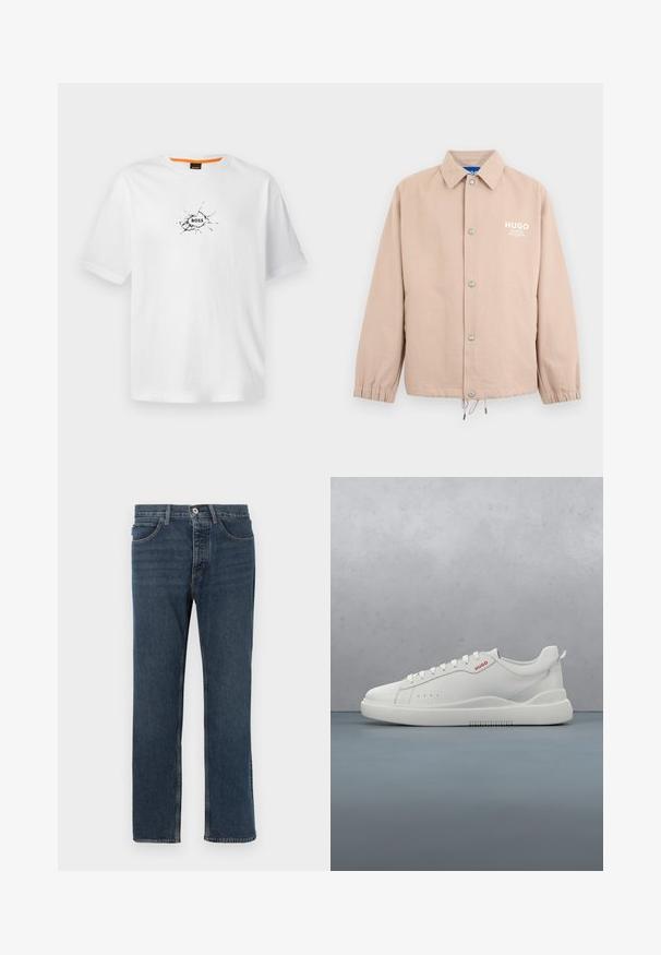 Beige jassen met knopen, kraag, elastische manchetten, trekkoordzoom en witte "HUGO"-logo op de linkerborst.; Witte katoenen t-shirt met een ronde hals, voorzien van een zwart gebarsten ontwerp en het woord "BOSS" in het midden. Korte mouwen.; Donkerblauwe denim jeans met een rechte pasvorm, vijf zakken, een knoopsluiting en zichtbare stiksels. Het materiaal heeft een textuur met een klassiek ontwerp.; Witte sneaker met een gladde leren afwerking, ronde neus, vier veterogen, subtiele perforaties en een rood logo detail aan de zijkant.