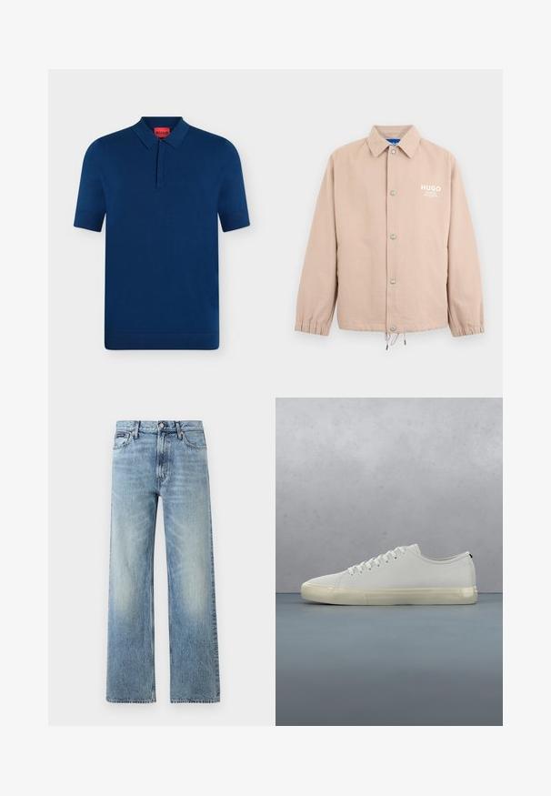 Veste beige à boutons avec col, poignets élastiques, cordon de serrage à l'ourlet et logo blanc "HUGO" sur le côté gauche de la poitrine.; Polo bleu marine à manches courtes avec col et patte de boutonnage, avec une étiquette rouge à l'intérieur de l'encolure.; Jean droit en denim bleu clair avec taille haute, cinq poches, fermeture à boutons et léger délavage sur les cuisses et les genoux.; Baskets en cuir blanc avec lacets flottant au-dessus de carreaux en bois carrés et de petits cailloux, avec un arbre et un fond gris.