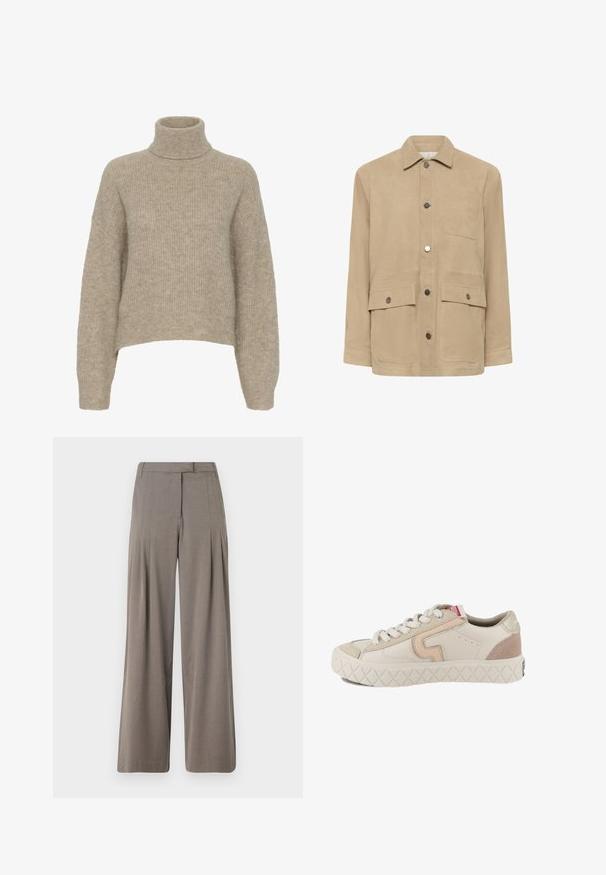 Chaqueta beige abotonada con cuello puntiagudo, tres bolsillos frontales que incluyen uno en el pecho y dos bolsillos con solapa y cierre de botón de presión.; Jersey de cuello alto de punto beige con textura acanalada, hombros caídos y dobladillo recortado. Material suave y ligero.; Pantalones de pierna ancha en tela de color marrón claro, con pliegues, parte delantera plana y dobladillo limpio. Textura suave con un ligero brillo.; Zapatilla deportiva con parte superior de cuero en tonos beige y rosa claro con detalles de ante, puntera redonda, cierre de cordones blanco y suela de goma texturizada.