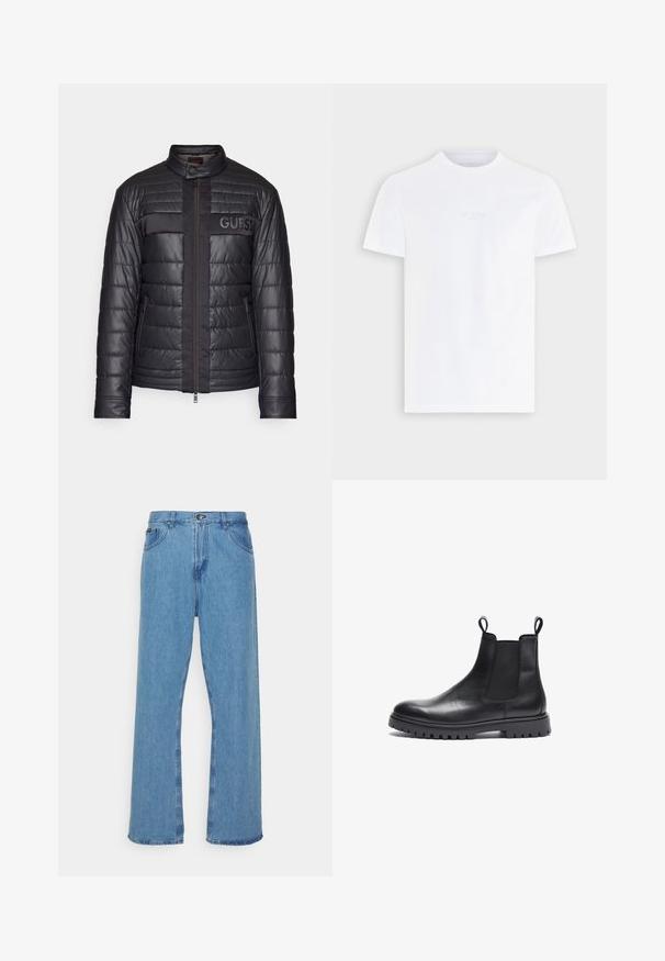 Zwarte pufferjack met gewatteerde textuur, hoge kraag, ritssluiting aan de voorkant en logo-accent op de borst. Bevat een glad stofpaneel aan de voorkant.; Witte katoenen T-shirt met ronde hals, korte mouwen en een zachtgekleurde textuurlogo op de borst. Standaard pasvorm, gladde stof.; Lichtblauwe denim wijdvallende jeans met een hoge taille, voorzien van een knoop- en ritssluiting, vijf zakken en rafelige zoom.; Zwarte leren Chelsea boots met een gestructureerde afwerking, elastische zijkanten en trekkers. Voorzien van een chunky rubberen zool met profiel.