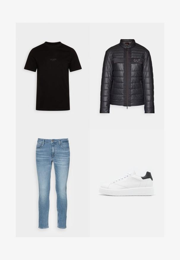 Sort pufferjakke med quiltet tekstur, høj krave, lynlås foran og logo accenter på brystet. Har et glat stofpanel foran.; Sort kortærmet t-shirt lavet af bomuld, med rund halsudskæring og et logo på forsiden af brystet med "GUESS EST. 1981" i et diskret design.; Lyseblå denimjeans med mellemhøj talje, slim fit, fem-lomme design og subtilt slid på stoffet. Har lynlåsgylp.; Hvide lædersneakers med en sort hælflap, flade snørebånd, struktureret mellemsål og branding på ydersiden. Designet til afslappet brug.
