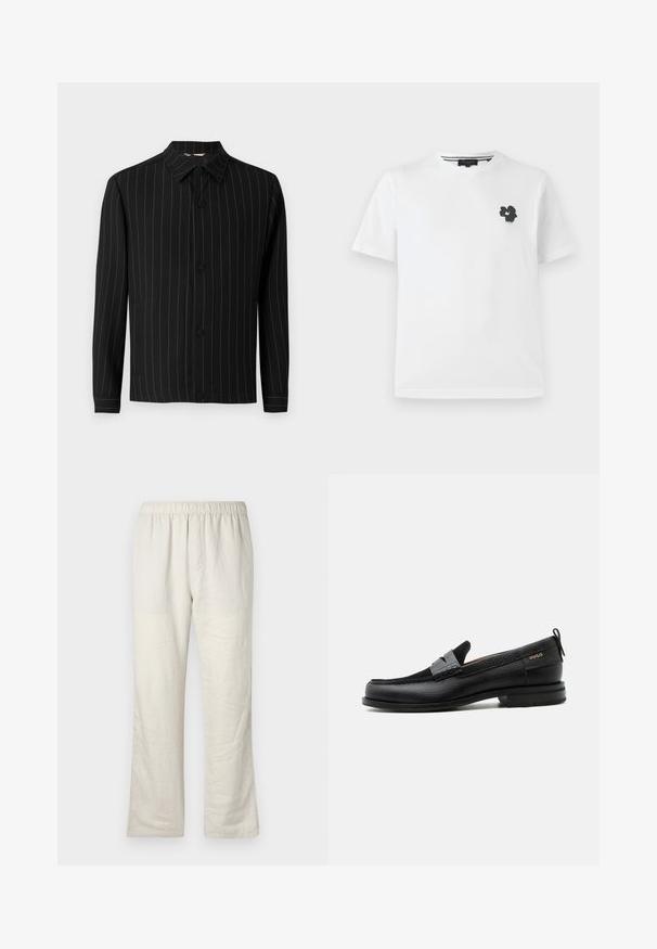 Veste noire avec des rayures verticales en rouge foncé, dotée d'un col, d'une fermeture à boutons et de manches longues. Fabriquée en tissu lisse.; T-shirt en coton blanc avec un décolleté en V, présentant un petit motif floral noir sur la partie gauche de la poitrine. Manches courtes avec une coupe décontractée.; Pantalons en lin léger beige avec taille élastique, coupe droite, et sans poches ni fermetures visibles.; Mocassin en cuir noir avec détail de bride grise, talon bas et semelle texturée, marqué "HUGO" en or sur le côté.