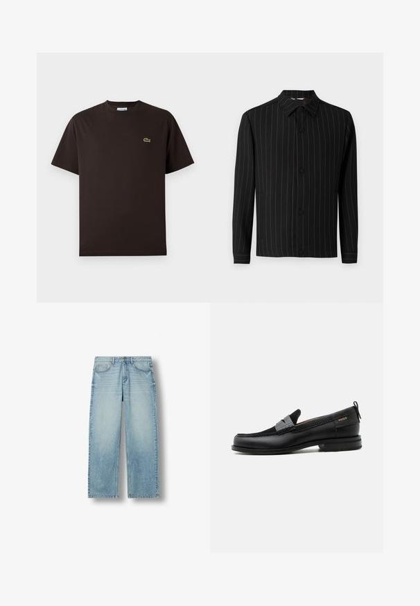 Zwarte jas met verticale pinstripes in donkerrood, voorzien van een kraag, knoopsluiting en lange mouwen. Gemaakt van een gladde stof.; Bruine T-shirt met korte mouwen van katoen. Heeft een subtiele groene geborduurde krokodillogo op de linkerborst. Klassiek ontwerp met ronde hals.; Lichtblauwe straight-leg spijkerbroek met vijf zakken en knoopsluiting, weergegeven tegen een witte achtergrond.; Zwarte leren loafer met grijs riemdetailelement, lage hak en gestructureerde zool, aan de zijkant gebrandmerkt met "HUGO" in goud.