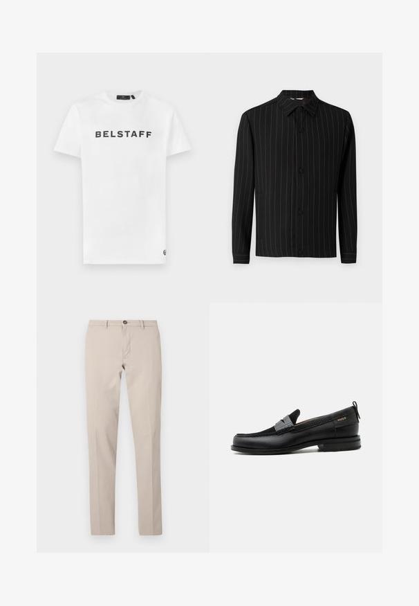 Chaqueta negra con rayas verticales en rojo oscuro, con cuello, cierre de botones y mangas largas. Fabricada con un tejido suave.; Camiseta de algodón blanca con un logo negro "BELSTAFF" en el frente. Cuello redondo clásico y mangas cortas con un pequeño detalle del logo en el dobladillo.; Pantalones beige de corte slim con trabillas para cinturón, cierre de botón y cremallera frontal, mostrados extendidos sobre un fondo blanco.; Mocasín de cuero negro con detalle de tira gris, tacón bajo y suela texturizada, con la marca "HUGO" en oro en el lateral.