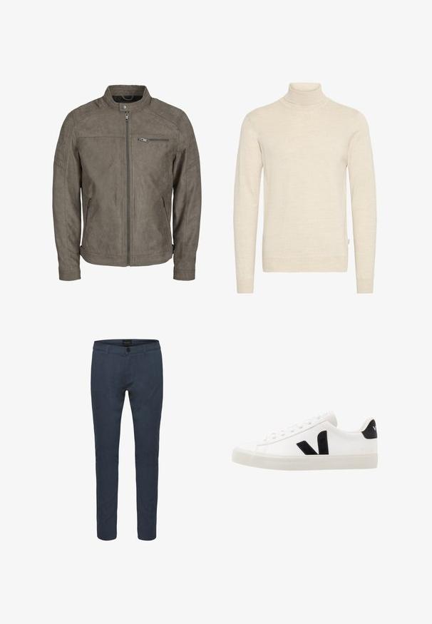 Brun faux suede jakke med rejsekrave, frontlynlås og lynlåslommer. Har kviltede skulderdetaljer og en glat tekstur.; Beige rullekravesweater lavet af blødt strikket stof. Har lange ærmer og en tætsiddende design med ribkant ved halsudskæringen og ærmekanter.; Mørkeblå skræddersyede bukser lavet af stof, med knaplukning, for- og baglommer samt en slim fit design. Glat tekstur med subtil glans.; Hvide lædersneakers med sorte ruskindsdetaljer; har en gummisål, rund tå og klassisk snørebåndsdesign. Side logo i sort.