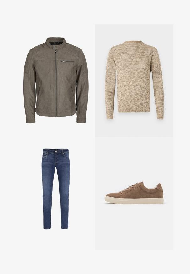 Veste en faux daim marron avec col montant, fermeture à glissière sur le devant et poches zippées. Présente des accents matelassés aux épaules et une texture lisse.; Pull en tricot marbré beige et marron clair avec des manches longues et un col rond côtelé, présenté sur un fond blanc.; Jeans en denim bleu slim-fit pour hommes avec fermeture à bouton et glissière, poches avant et arrière, et légers détails de décoloration.; Baskets décontractées en daim marron avec une silhouette basse, semelle en caoutchouc beige et six trous de lacet. Bout rond et design minimaliste.