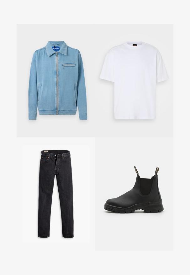Lyseblå denimjakke med forreste lynlås, spids krave, to sidelommer og lynlåslomme på brystet.; Hvid bomulds T-shirt med rund hals, korte ærmer og en afslappet pasform. Har strukturerede skuldersømme for ekstra detaljer.; Sorte jeans med høj talje og lige ben, med knapgylp og fem-lomme design lagt fladt på hvid baggrund.; Sorte ankelstøvler lavet af glat gummi med elastiske sidestykker, en tekstureret sål for greb og trækflapper bagpå for nem påtagning.