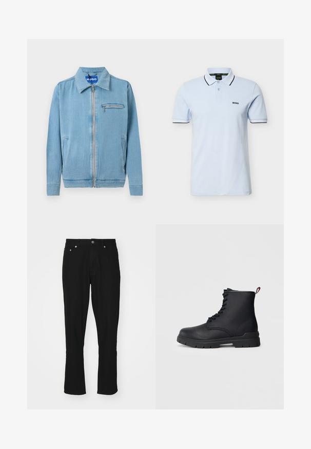 Hellblaue Jeansjacke mit Frontreißverschluss, spitzem Kragen, zwei Seitentaschen und einer Reißverschlusstasche auf der Brust.; Hellblaues kurzärmeliges Poloshirt mit schwarz abgesetztem Kragen und Bündchen, zwei Knöpfen und "BOSS"-Logo auf der linken Brust.; Schwarze Denim-Jeans mit geradem Schnitt, ausgestattet mit einem Fünf-Taschen-Design, silbernem Zubehör und leichter Textur. Keine sichtbaren Muster.; Schwarze Leder-Stiefelette mit Schnüroptik, dickem Gummisohle und roter Schlaufe am Absatz, vor einem schlichten, hellen Hintergrund gezeigt.