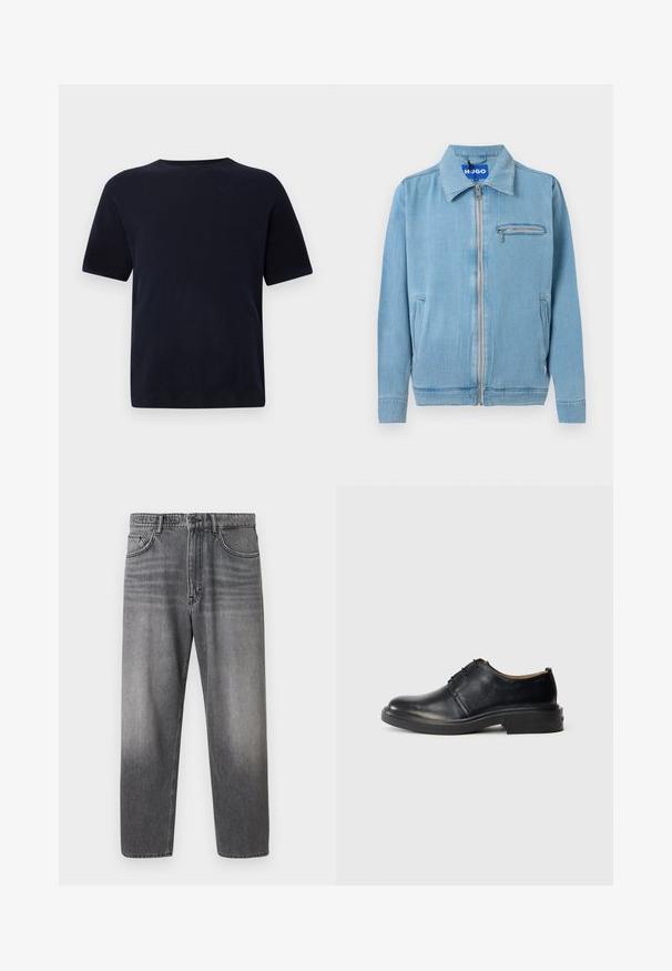 Hellblaue Jeansjacke mit Frontreißverschluss, spitzem Kragen, zwei Seitentaschen und einer Reißverschlusstasche auf der Brust.; Marineblaue Baumwoll-T-Shirt mit Rundhalsausschnitt, kurzen Ärmeln und geradem Schnitt. Glatte Textur, keine sichtbaren Muster oder Akzente.; Graue Denim-Jeans mit geradem Bein, verwaschenem Finish, Fünf-Taschen-Stil, Knopfverschluss und Metallakzenten.; Schwarze Leder-Oxfords mit runder Zehenpartie, Schnürung an der Vorderseite und niedrigem, gestapeltem Absatz vor einem schlichten, hellen Hintergrund.
