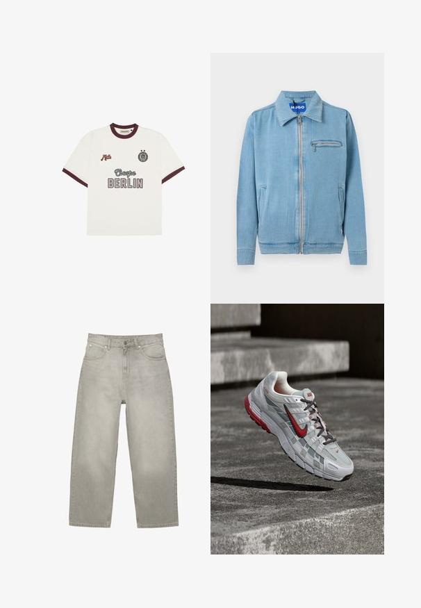 Lyseblå denimjakke med forreste lynlås, spids krave, to sidelommer og lynlåslomme på brystet.; Hvid kortærmet T-shirt med burgunderrød kant, "Escape BERLIN" tekst i midten foran, "Mitte" på venstre bryst og cirkulært emblem med to stjerner på højre bryst.; Lysegrå jeans med lige ben, forlommer, bæltestropper og lukning med knap og lynlås, lagt fladt på en hvid baggrund.; Hvid og grå Nike løbesko med røde accenter og sorte snørebånd, ophængt over grå beton-trin.