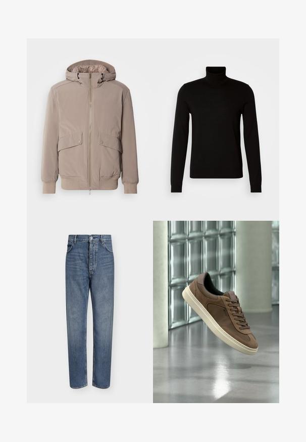 Lys beige bomberjakke med lynlåsfront, to forlommer og hætte. Har ribbede mansjetter og kant, glat stoffinish.; Sort turtleneck sweater lavet af et fint strikket stof, der har lange ærmer og en tætsiddende silhuet. Glat tekstur med ribbede manchetter.; Straight-leg blå denim jeans med høj talje, frontknaplukning og fem-lomme design på en ensartet lys baggrund.; Brun ruskind og læder sneaker med cremefarvet sål og snørebånd, der svæver over reflekterende betongulv med glasblokbaggrund.