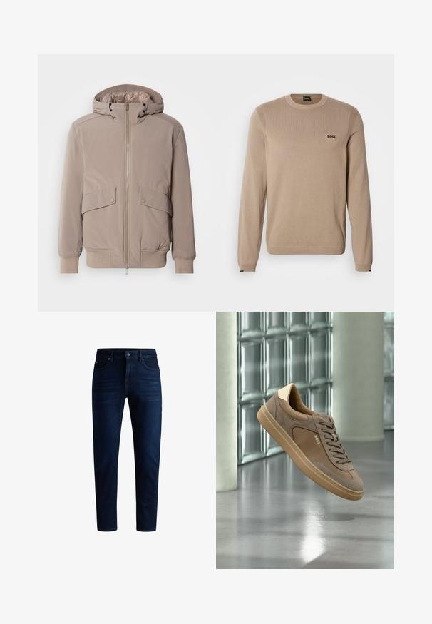 Helle beigefarbene Bomberjacke mit Reißverschluss vorne, zwei Vorderteiltaschen und Kapuze. Mit gerippten Bündchen und Saum, glatter Stoffoberfläche.; Beiger Strickpullover mit langen Ärmeln, rundem Ausschnitt, gerippten Details und kleinem schwarzem "BOSS"-Logo auf der Brust. Weiche Textur, klassischer Schnitt.; Dunkelblaue Denim-Jeans mit geradem Bein, fünf Taschen und einem Knopfverschluss. Der Stoff hat einen leichten Glanz und minimale Verfärbungen.; Beiger Freizeitsneaker mit Schnürsenkeln und „BOSS“-Logo, der über einem polierten Betonboden mit Glasbausteinwand im Hintergrund schwebt.