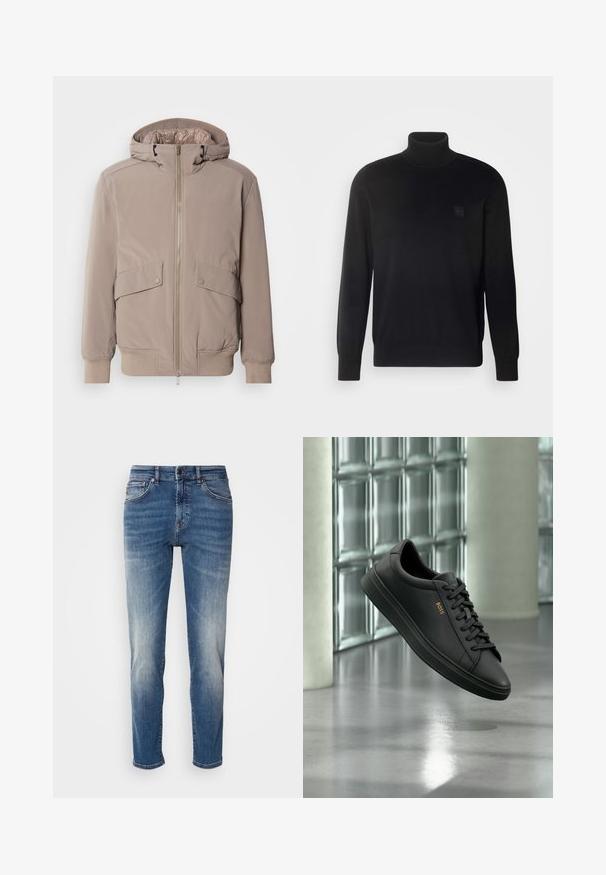 Lys beige bomberjakke med lynlåsfront, to forlommer og hætte. Har ribbede mansjetter og kant, glat stoffinish.; Sort rullekravestrik med lange ærmer, ribbet krave og manchetter, lavet af et glat stof. Har et lille logo mærke på brystet.; Blå denimjeans med lige ben, let falmet finish, klassisk fem-lomme-design og lynlås med knaplukning.; Sort lavtopet lædersneaker med sorte snørebånd og gyldent BOSS-logo på siden, svævende over en blank grå gulv i et moderne indendørs rum.
