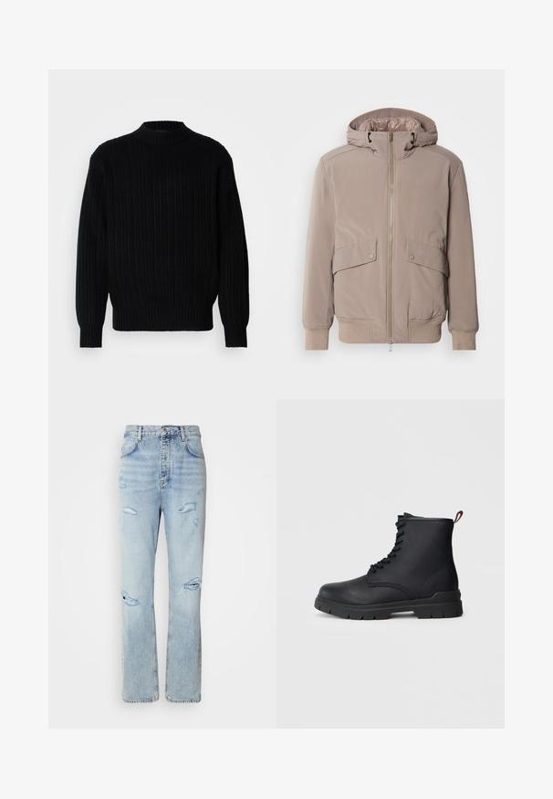 Lys beige bomberjakke med lynlåsfront, to forlommer og hætte. Har ribbede mansjetter og kant, glat stoffinish.; Sort ribbet striktrøje med høj krave, lange ærmer og en afslappet pasform. Stoffet har et struktureret mønster over hele overfladen.; Lysvaskede denimjeans med en afslappet pasform, der har slidte områder og frynsede kanter. Stoffet har en blød, glat tekstur.; Sort læder ankelstøvle med snørebånd foran, tykk gummisål og rød løftestrop ved hælen, vist mod en ensfarvet lys baggrund.