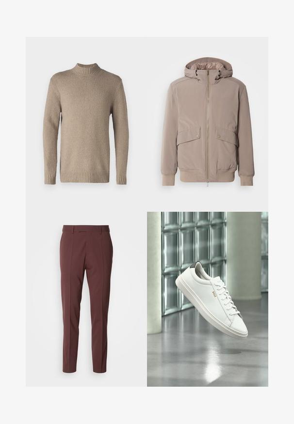 Lichtbeige bomberjack met een rits aan de voorkant, twee zakken aan de voorkant en een capuchon. Voorzien van ribgebreide manchetten en een ribgebreide zoom, met een gladde stofafwerking.; Beige gebreide trui met een textuur op het oppervlak, geribbelde kraag en manchetten. Heeft lange mouwen en een rechte zoom voor een klassiek ontwerp.; BOSS GEORGE - Broek - open red; Witte leren lage sneaker met veters, zwarte hielstrook en "BOSS"-logo, zwevend binnenshuis bij een glazen stenen muur en gepolijste vloer.
