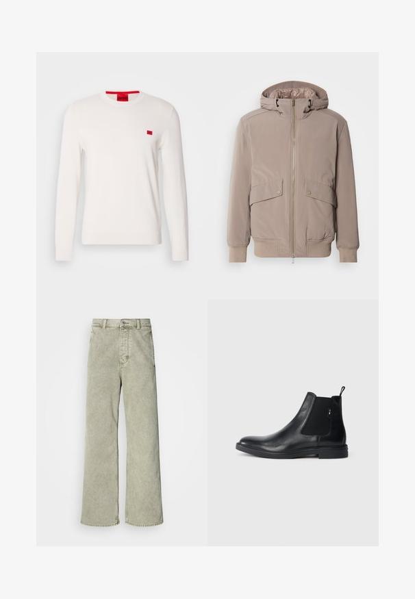 Lys beige bomberjakke med lynlåsfront, to forlommer og hætte. Har ribbede mansjetter og kant, glat stoffinish.; Hvid crewneck sweater med lange ærmer, lavet af blødt stof. Har en lille rød logo-patch på brystet og en kontrasterende rød mærkat ved halsudskæringen.; Lys grøn brede jeans med høj talje, lavet af denim, med knaplukning og klassisk fem-lommer design.; Sorte læder Chelsea støvler med elastiske sidepaneler, en pull-tab og en flad gummisål. Glat tekstur med minimal detaljer.
