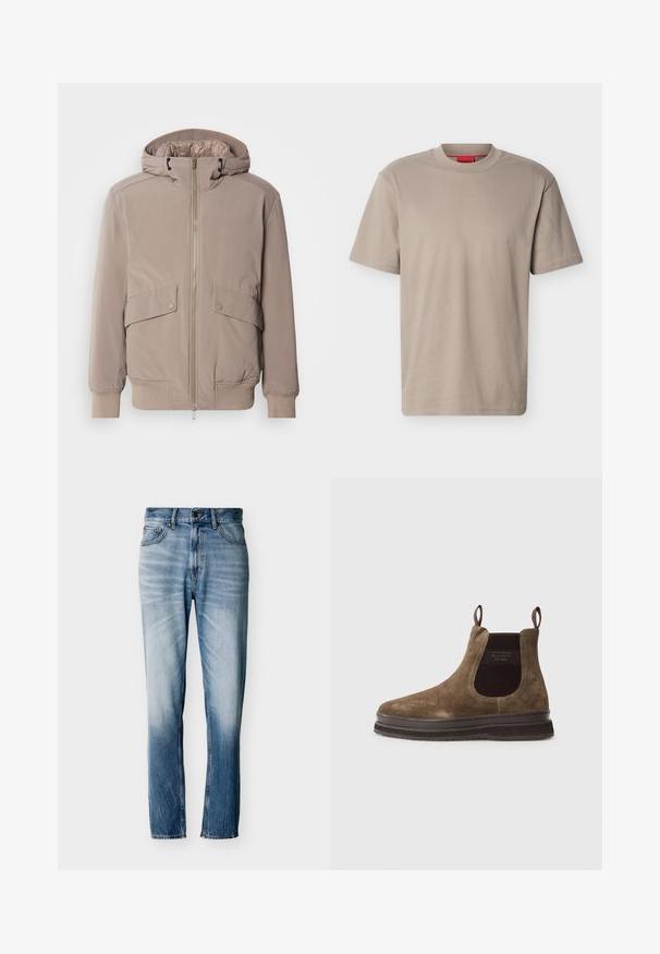 Lys beige bomberjakke med lynlåsfront, to forlommer og hætte. Har ribbede mansjetter og kant, glat stoffinish.; Beige T-shirt med korte ærmer og rund hals med diskret præget "HUGO" logo på brystet og rød label inde i halsudskæringen.; Blå falmede jeans med lige ben, fem lommer, knaplukning og bæltestropper, vist fladt på hvid baggrund.; Brune ruskind Chelsea støvle med elastiske sidepaneler, trækstang og en tyk, struktureret gummisål med subtile spor for greb.