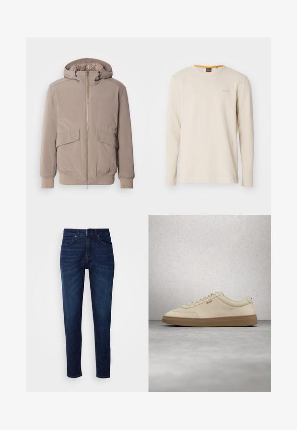 Helle beigefarbene Bomberjacke mit Reißverschluss vorne, zwei Vorderteiltaschen und Kapuze. Mit gerippten Bündchen und Saum, glatter Stoffoberfläche.; Helles beige Langarm-T-Shirt aus strukturiertem Stoff. Mit Rundhalsausschnitt und einem kleinen Logo auf der Brust, das einen orangefarbenen Akzent im Kragen aufweist.; Dunkelblaue Jeans aus Denim mit geradem Bein, ausgestattet mit Taschen und einem Knopfverschluss an der Taille. Weiche Textur, minimale Ausbleichungen.; Hellbeiger Wildledersneaker mit Gummisohle, auffälligen Schnürsenkeln und dezenten Nahtdetails. Sauberes Design mit minimalistischem Ästhetik.