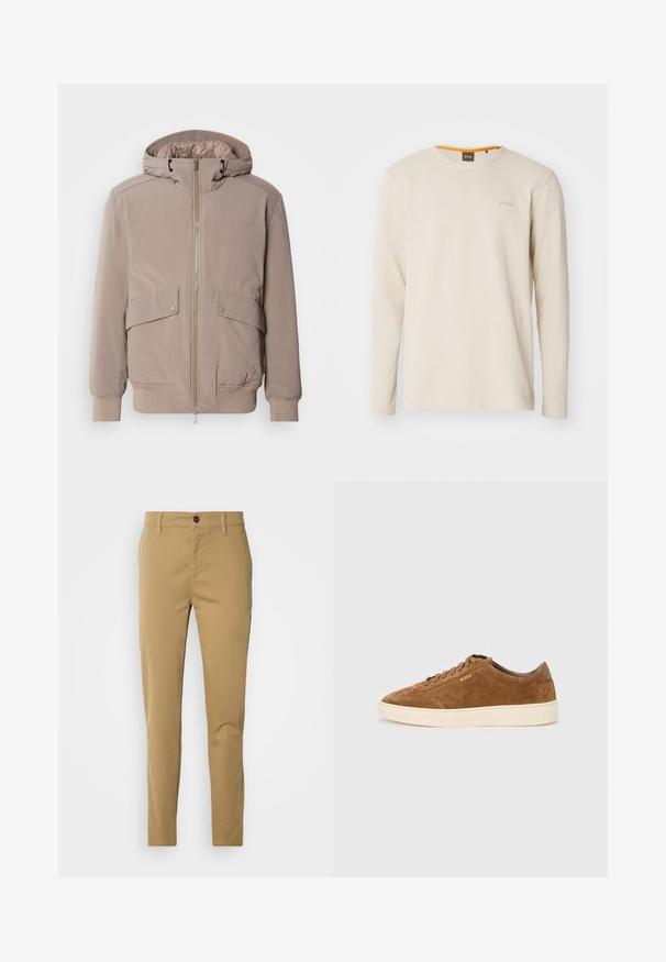 Helle beigefarbene Bomberjacke mit Reißverschluss vorne, zwei Vorderteiltaschen und Kapuze. Mit gerippten Bündchen und Saum, glatter Stoffoberfläche.; Helles beige Langarm-T-Shirt aus strukturiertem Stoff. Mit Rundhalsausschnitt und einem kleinen Logo auf der Brust, das einen orangefarbenen Akzent im Kragen aufweist.; Khakihosen aus Baumwolle. Slim-Fit-Design mit glatter Textur, Fronttaschen und einem einzigen Knopfverschluss an der Taille.; Brauner Wildleder-Sneaker mit abgerundeter Spitze, cremefarbener Gummisohle und tonalen Schnürsenkeln. Verfügt über ein eingeprägtes Logo an der Seite und eine glatte Rückseite.