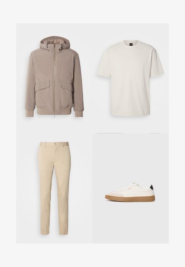 Lichtbeige bomberjack met een rits aan de voorkant, twee zakken aan de voorkant en een capuchon. Voorzien van ribgebreide manchetten en een ribgebreide zoom, met een gladde stofafwerking.; Korte mouwen, ronde hals t-shirt in off-wit katoen, met een rechte snit en minimale merkvermelding op de hals. Zachte textuur, geen patronen.; Beige katoenen chino's met een recht model, voorzien van een knoopsluiting en voorzakken. Soepele textuur zonder zichtbare patronen of accenten.; Witte sneakers met beige accenten, bovenwerk van glad leer, ronde neus en rubberen gumzool, met een zwarte hieltab en subtiele branding.