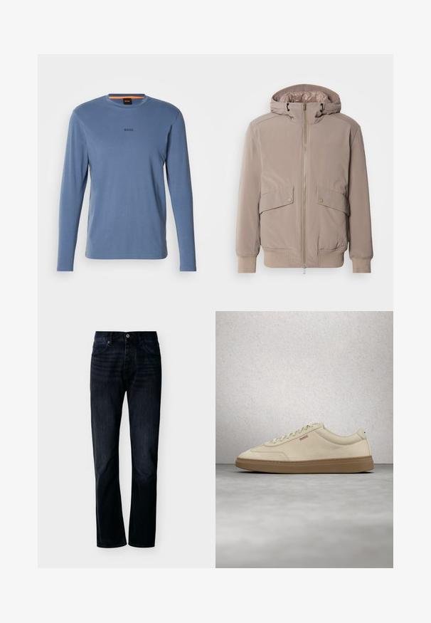 Lichtbeige bomberjack met een rits aan de voorkant, twee zakken aan de voorkant en een capuchon. Voorzien van ribgebreide manchetten en een ribgebreide zoom, met een gladde stofafwerking.; Langsleeve blauwe T-shirt van zachte stof, met een ronde halslijn en het "BOSS"-logo in donkergrijs op de borst.; Donker indigo recht gesneden spijkerbroek met knoop- en ritssluiting aan de voorkant, riemlussen en een ontwerp met vijf zakken, weergegeven tegen een eenvoudige lichte achtergrond.; Lichtbeige suède sneaker met een zool van gumrubber, opvallende veters en subtiele stikdetails. Strak ontwerp met een minimalistische uitstraling.
