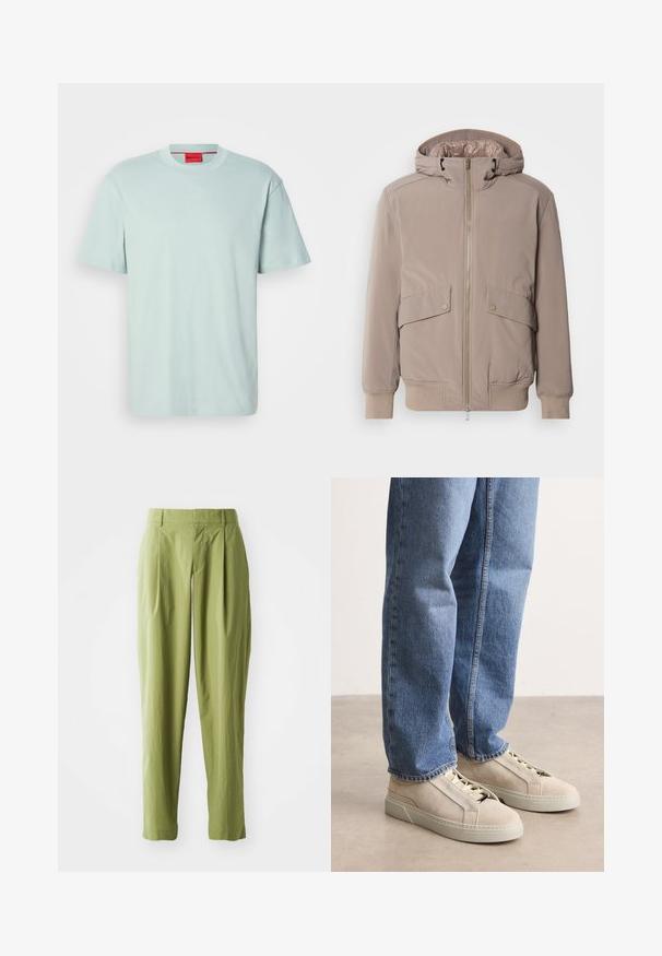 Lichtbeige bomberjack met een rits aan de voorkant, twee zakken aan de voorkant en een capuchon. Voorzien van ribgebreide manchetten en een ribgebreide zoom, met een gladde stofafwerking.; Lichtgroene T-shirt van katoen; ronde halsontwerp, korte mouwen, met een subtiele HUGO-logo in een contrasterende kleur.; Lichtgroene broek van een gestructureerde stof, met een rechte pasvorm, plooien aan de voorkant en een standaard tailleband.; BOSS GARYTENN_SDHDEL - Sneakers laag - natural ten