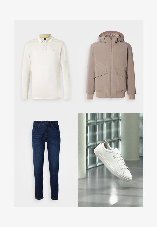 Lys beige bomberjakke med lynlåsfront, to forlommer og hætte. Har ribbede mansjetter og kant, glat stoffinish.; Langærmet polo skjorte i lys creme, lavet af blød bomuld. Har en hvid krave, to-knaps placket og et diskret brandlogo på brystet.; Mørkeblå denimbukser med lige ben, der har lommer og knaplukning i taljen. Blød tekstur, minimal falming.; Hvid læder lav-top sneaker med snørebånd, sort hælflig og "BOSS"-logo, svævende indendørs nær glasblok væg og poleret gulv.