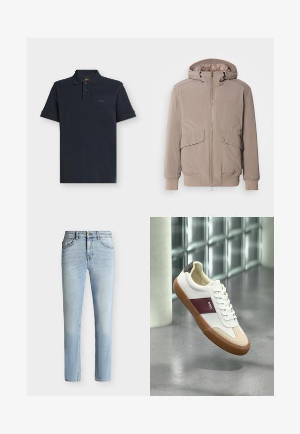 Chaqueta bomber beige claro con cremallera frontal, dos bolsillos delanteros y capucha. Presenta puños y dobladillo acanalados, con un acabado de tejido suave.; Polo azul marino de manga corta con tapeta de dos botones y logo sutil "BOSS" en el pecho izquierdo.; Vaqueros ajustados de denim azul claro con botón y cremallera delanteros, diseño de cinco bolsillos y sutil desgaste desde el muslo hasta la rodilla.; Zapatilla blanca de perfil bajo con suela marrón, franja granate con la etiqueta "BOSS", detalles beige en la puntera y talón negro, flotando sobre un piso gris.