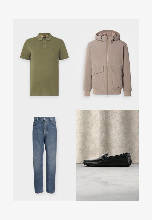 Lichtbeige bomberjack met een rits aan de voorkant, twee zakken aan de voorkant en een capuchon. Voorzien van ribgebreide manchetten en een ribgebreide zoom, met een gladde stofafwerking.; Olijf groene polo shirt van katoen, met een drieknops sluiting, korte mouwen en een klein logo op de borst.; Blauwe denim jeans met rechte pijpen, hoge taille, knoopsluiting aan de voorkant en vijfzakkenontwerp op een effen lichte achtergrond.; Zwarte leren loafers met een glanzende afwerking, ronde neus en decoratieve hardware aan de voorkant. Laag profiel rubberen zool. Gladde textuur.