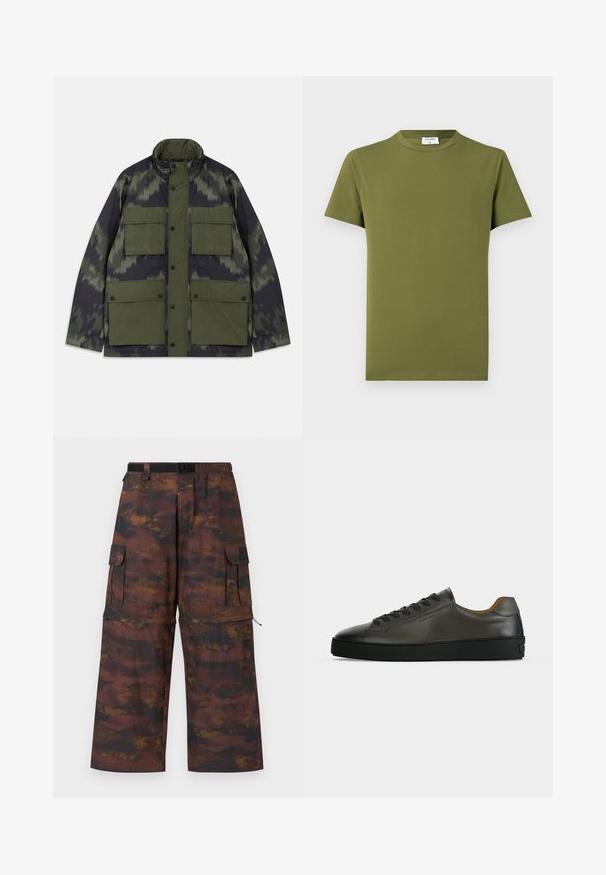 Τζάκετ σε παρα camouflage με υψηλό γιακά, πολλές μεγάλες μπροστινές τσέπες και κλείσιμο με κουμπιά, κατασκευασμένο από ανθεκτικό στο νερό υλικό.; Λαδί πράσινο κοντομάνικο μπλουζάκι από μαλακό, απαλό ύφασμα. Κλασικός στρογγυλός λαιμός, καθαρές γραμμές και χωρίς εμφανή σχέδια ή διακοσμήσεις.; Cargo παντελόνια σε καφέ, υφασμάτινη υφή με ξεθωριασμένο, αφηρημένο σχέδιο. Διαθέτουν φαρδιά πόδια, ελαστική μέση και πολλές τσέπες.; Χαμηλό σκούρο γκρι δερμάτινο αθλητικό παπούτσι με μαύρα κορδόνια και σόλα, μινιμαλιστικός σχεδιασμός, προφίλ από τη πλευρά σε απλό ανοιχτό φόντο.
