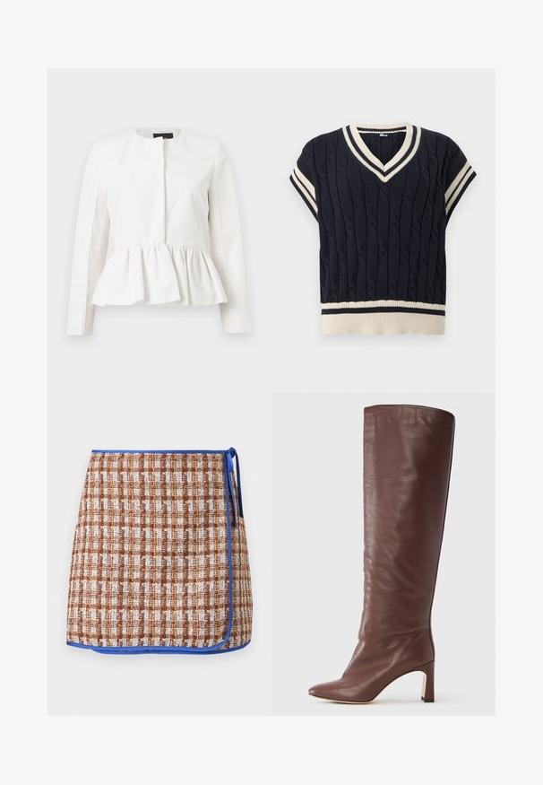Hvid langærmet jakke med rund halsudskæring og et rynket peplum-skørt ved taljen, vist på en neutral baggrund.; Navyblå kabelstrikket ærmeløs sweatervest med hvid og navystribet V-udskæring, ærmegab og kant.; Vevet omslagsskjørt i brun og hvid ternet mønster med blå trim. Har en sidetie og tekstureret stof for ekstra detalje.; Knæhøj brun læderstøvle med spids tå, tilspidset design og en slank blokhæl. Glat tekstur med minimal detaljering.