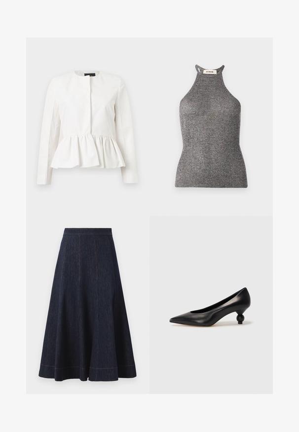 Witte lange mouwen jas met een ronde halslijn en een geplooide peplum zoom ter hoogte van de taille, getoond tegen een neutrale achtergrond.; Grijze haltertop gemaakt van ribstof, met een aansluitende pasvorm en een hoge halslijn met open zijkanten. Merkenlabel zichtbaar bij de hals.; Donkerblauwe spijkerrok met een flared silhouet, met verticale naaddetails en contrasterende oranje stiksels langs de zoom.; Zwarte leren hoge hak schoen met een spitse neus en een ronde, bolle hak. Gladde textuur met een elegant, minimalistisch ontwerp.