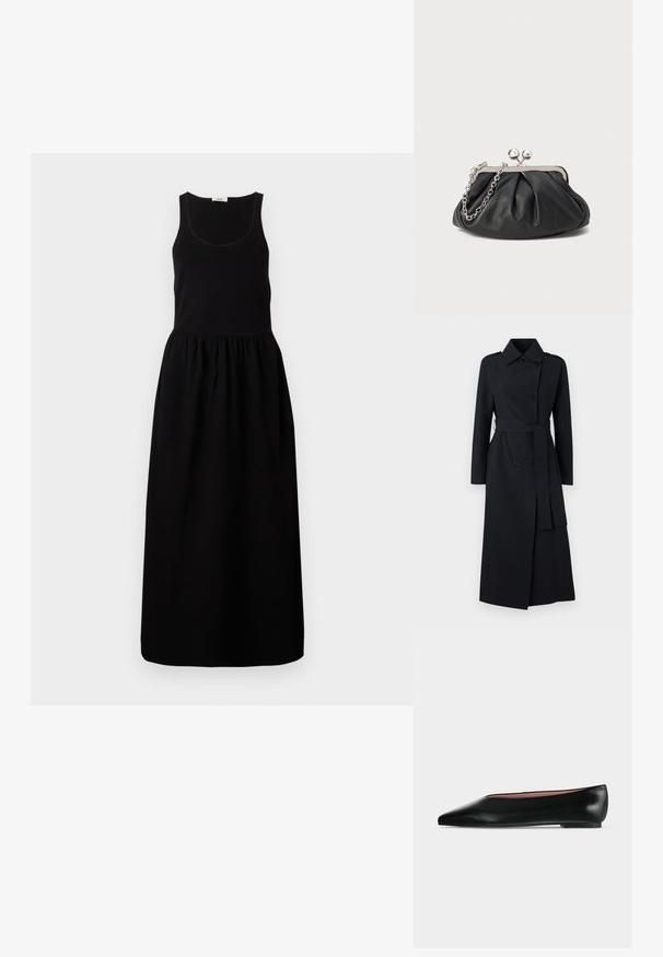 Dubbelbreasted zwarte trenchcoat van gladde stof, met een riem in de taille, lange mouwen en een klassiek kraagontwerp.; Zwart mouwloos maxi-jurk met een aansluitend lijfje, gathered taille en een vloeiende rok. Gemaakt van een zachte stof met een gladde textuur.; Zwarte leren damesschoen met platte zool, puntige neus en lage hak, zijwaarts afgebeeld tegen een effen lichtgrijze achtergrond.; Zwarte leren clutch met geplooide textuur, zilverkleurig metalen frame, drukknopsluiting en kettingriem. Glad, zacht oppervlak.