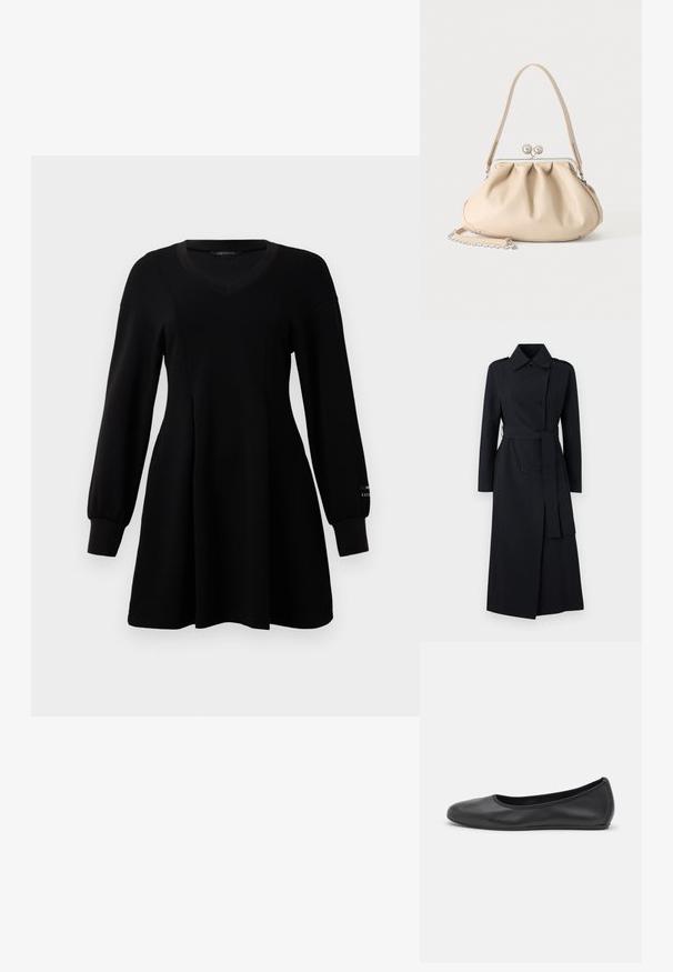 Dubbelbreasted zwarte trenchcoat van gladde stof, met een riem in de taille, lange mouwen en een klassiek kraagontwerp.; Zwart langekorte jurk met V-hals, aansluitende taille, uitlopende rok en ribgebreide manchetten, gepresenteerd op een plain witte achtergrond.; Zwarte leren ballerina met een ronde neus, gladde textuur, minimale stikdetails en een flexibele zoolontwerp.; Beige zachte leren handtas met een zilveren metalen frame sluiting, een enkele schouderriem en een optionele kettingriem op een witte achtergrond.