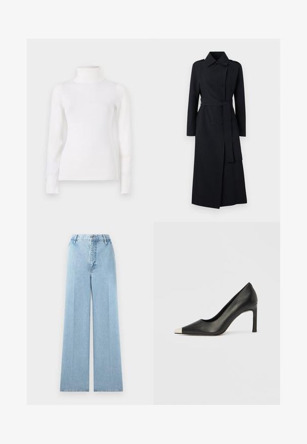 Trench-coat noir double boutonnage en tissu lisse, avec une taille ceinturée, des manches longues et un design de col classique.; Pull en col roulé blanc, taille ajustée, manches longues, texture douce, tissu lisse, detailing minimal, poignets et col côtelés.; Jeans larges bleu clair en denim avec une taille haute, comprenant cinq passants de ceinture, une fermeture à bouton à l'avant et des coutures cousues.; Chaussure à talon haut en cuir noir avec bout pointu et capuchon argenté métallique. Présente une finition lisse et un talon fin de 10 cm.